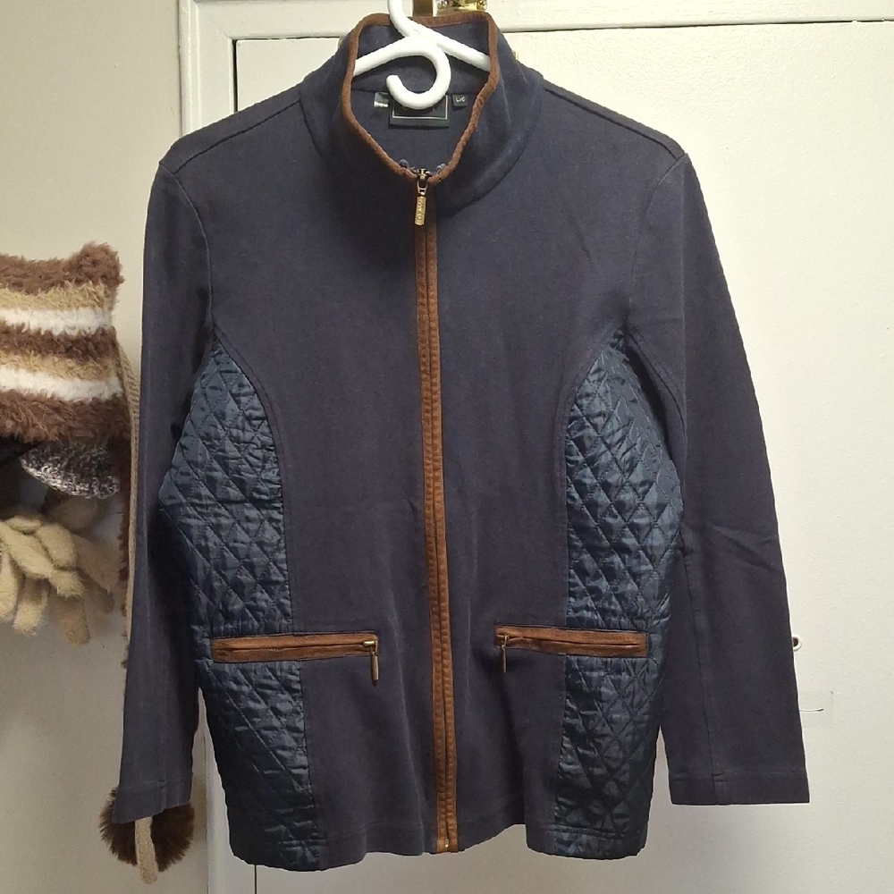 Orly Quilted Cotton Jacket in Navy with Brown Suede Trim, Size L